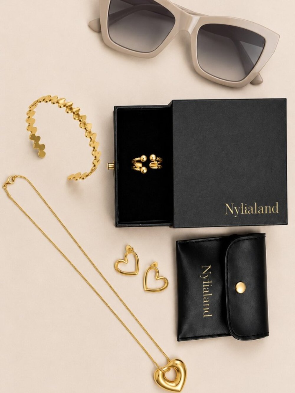 Nude Cat-Eye Sunglasses & Gold Heart Jewelry Set Bundle